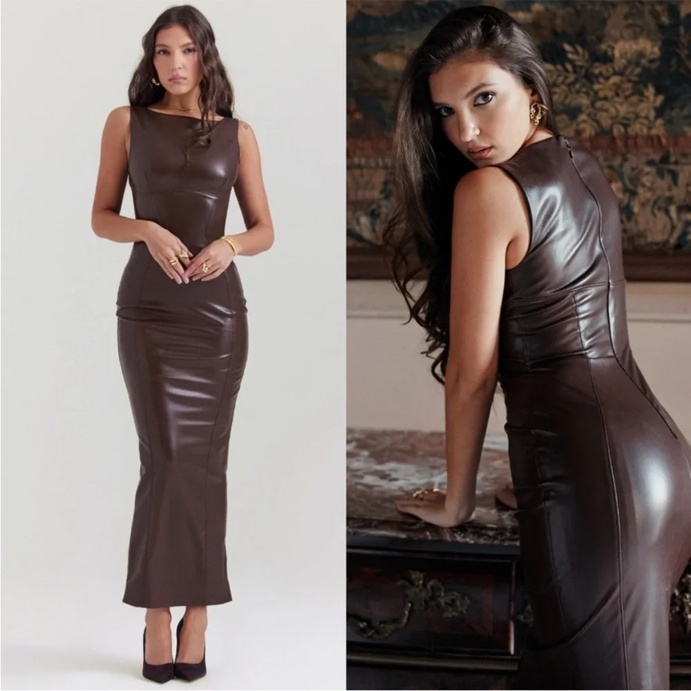 HOUSE OF CB 'Sahara' Cocoa Vegan Leather Maxi Dress NWOT_2